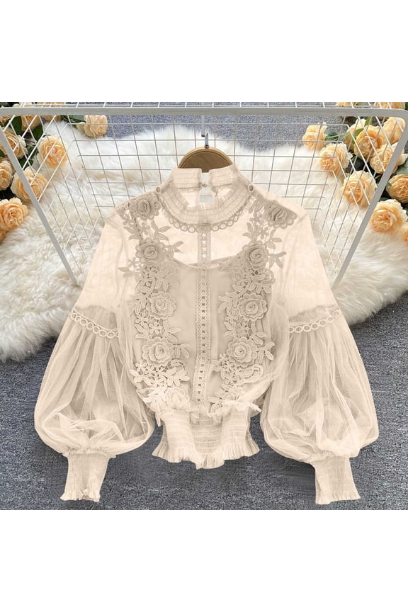 Buauty Mesh Long Sleeve Top for Women, Sheer Tops See Through Mock Neck Floral Embroidery Sheer Blouce Fishnet Shirt