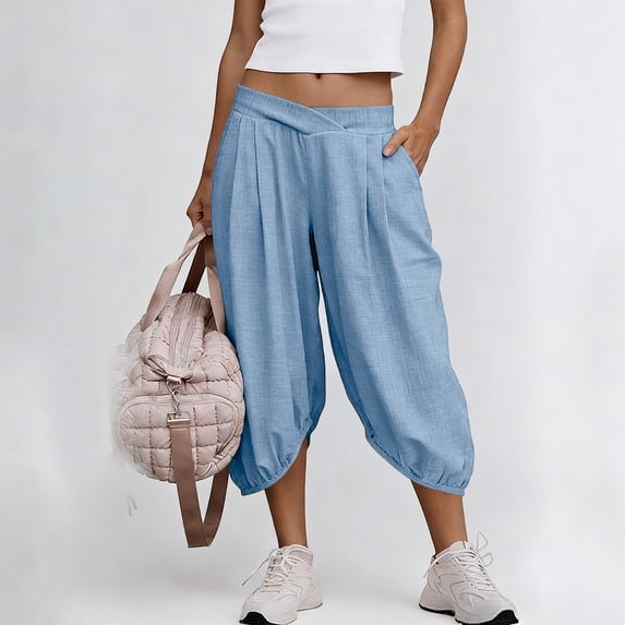 Neewe Capri Pants for Women High Waisted Wide Leg Casual Lounge Pant Summer Capris with Pockets Daily