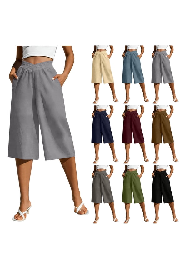 Capri Pants for Women High Waisted Wide Leg Palazzo Trousers Pull On Elastic Smock Waist Loose Flowy Pants