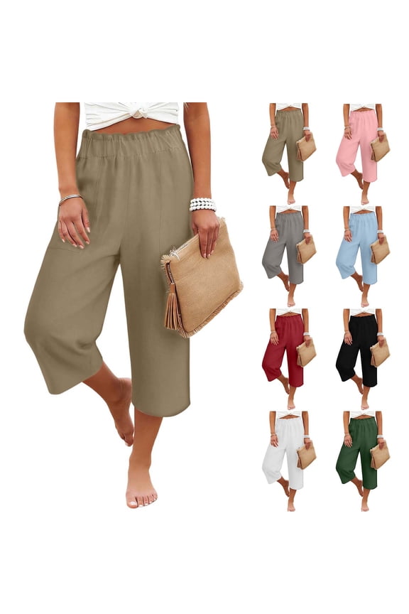 Capri Pants for Women High Waisted Wide Leg Palazzo Trousers Pull On Elastic Smock Waist Loose Flowy Pants