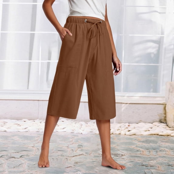 Neewe Capri Pants for Women - Wide Leg Loose Casual Trousers with Pockets Summer Elastic High Waisted Drawstring Pants