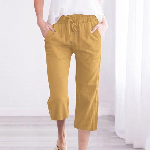 Neewe Capris Pants for Women 2026 Cotton Linen Sweatpants Casual Summer Straight Wide Leg Loose Drawstring Elastic Trouser