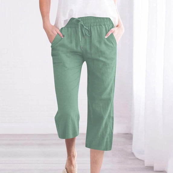 Neewe Capris Pants for Women 2026 Cotton Linen Sweatpants Casual Summer Straight Wide Leg Loose Drawstring Elastic Trouser