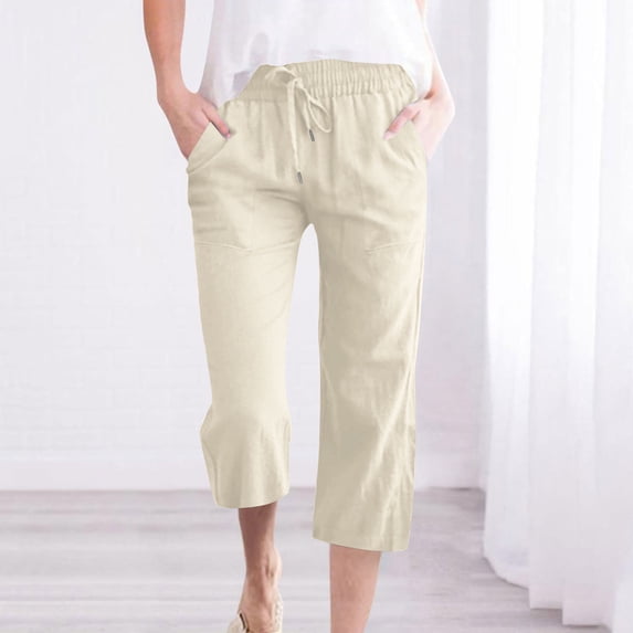 Neewe Capris Pants for Women 2026 Cotton Linen Sweatpants Casual Summer Straight Wide Leg Loose Drawstring Elastic Trouser