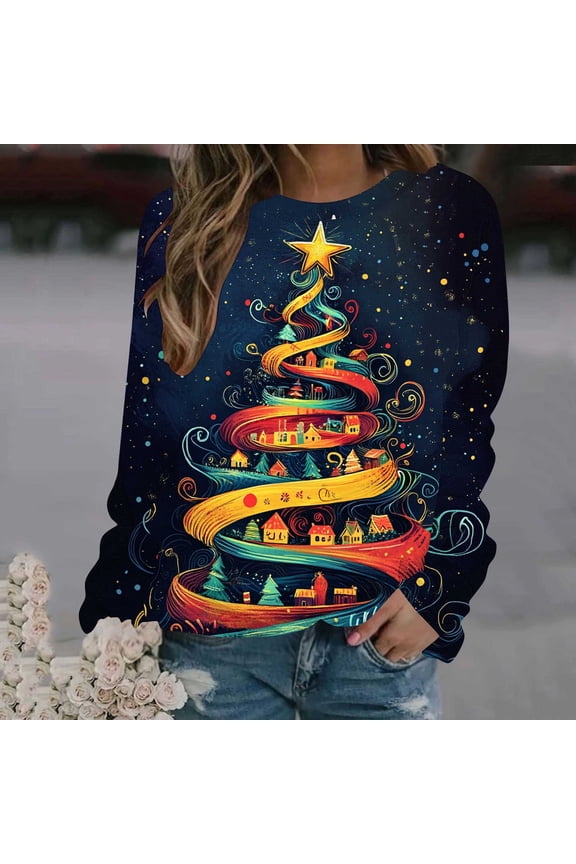 Christmas Sweatshirt for Women Crewneck Christmas Tree Long Sleeve Shirt Xmas Holiday Party Pullover Sweater Tops S-5XL
