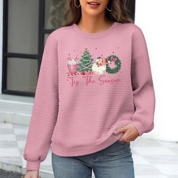 Neewe Christmas Women's Fall Oversized Sweatshirt Casual Waffle Knit Long Sleeve Crewneck Split Pullover Tunic Tops