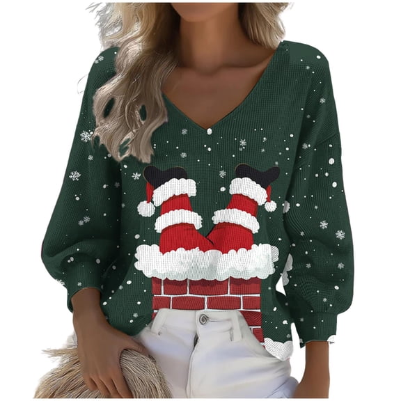 Neewe Christmas Women's Long-Sleeve V Neck Waffle T-Shirt Classic-Fit Shirt Soft Breathable Casual Tee Basic Tops