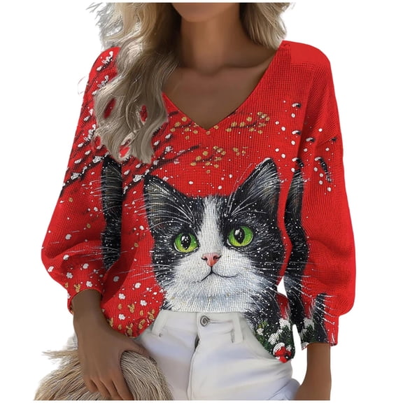 Neewe Christmas Women's Long-Sleeve V Neck Waffle T-Shirt Classic-Fit Shirt Soft Breathable Casual Tee Basic Tops