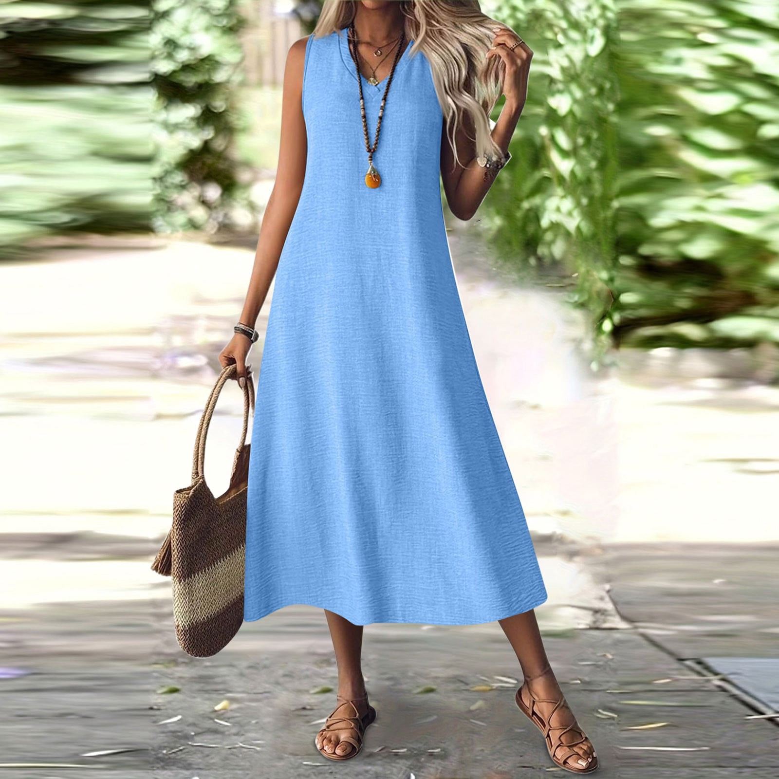 ankle length t shirt dress Neewe Classic Summer Long Dress for Women Tshirtdress Plain V Neck  Sleeveless A-Line Ankle Length Daily Dresses