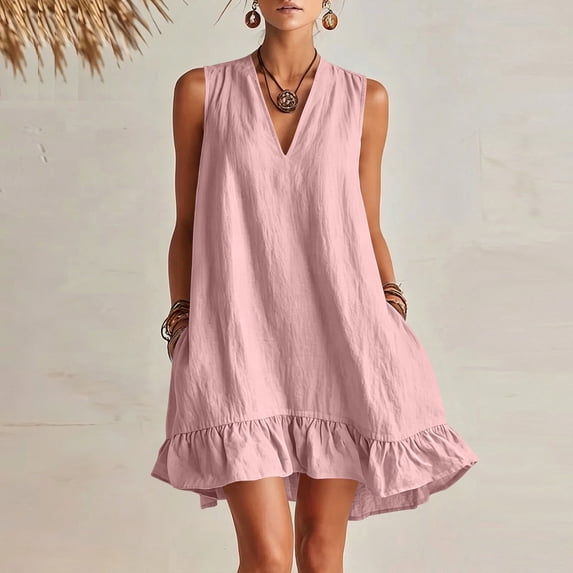 Neewe Cotton Linen Dresses for Women 2026 Loose Casual Spring Fall Fashion Clothing Ruff Plain Tank Dress with Pockets