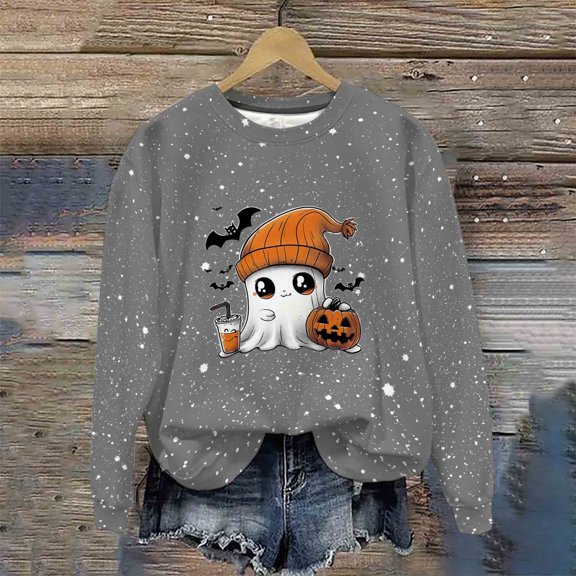 Neewe Crewneck Halloween Sweatshirt Women Round Neck Casual Oversized Pullover Hoodies Long Sleeve Blouse Tops