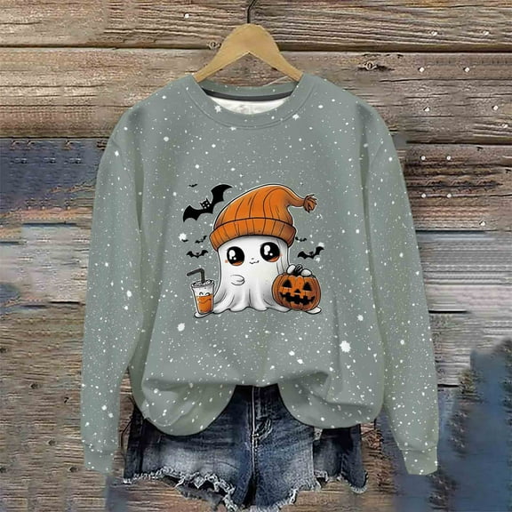 Neewe Crewneck Halloween Sweatshirt Women Round Neck Casual Oversized Pullover Hoodies Long Sleeve Blouse Tops