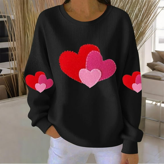 Neewe Cute Valentines Sweatshirt Women Love Heart Shirts Ribbed Textured Knit Casual Shirt Lightweight Long Sleeve Top