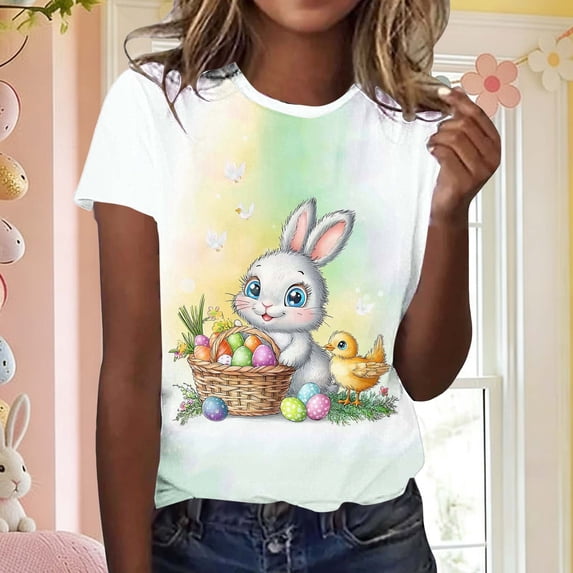 Neewe Easter Shirts for Women Crew Neck Happy Easter T Shirt Easter Bunny Shirt Cute Rabbit Graphic Tee Gift Spring Tees Tops