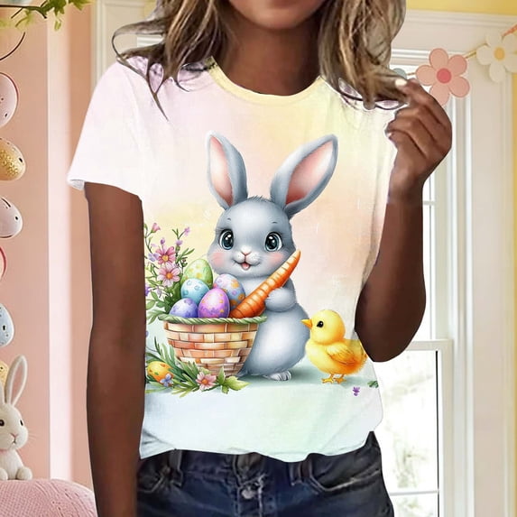 Neewe Easter Shirts for Women Crew Neck Happy Easter T Shirt Easter Bunny Shirt Cute Rabbit Graphic Tee Gift Spring Tees Tops