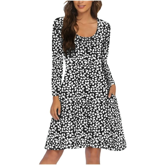 Neewe Fall Dresses for Women 2025 Boho Floral V Neck Long Sleeve Casual A-Line Mini Dress Sundress with Pocket