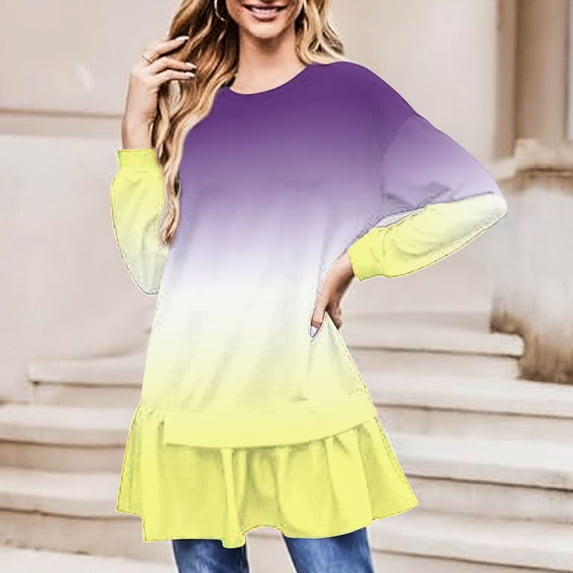 Neewe Fall Dresses for Women Casual Printed Tshirt Long Sleeve Ruffle Sundress Beach Cover Ups