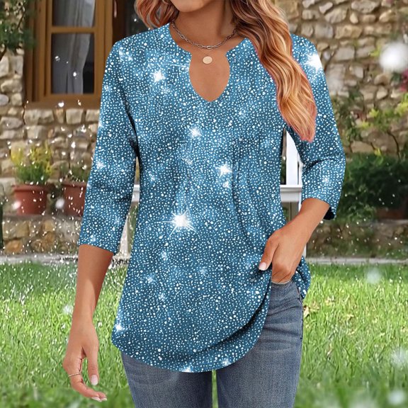 Neewe Fashion Women's Casual Printed V-Neck 3/4 Sleeve T-shirt V-Neck Wrinkle And Stripe Tops