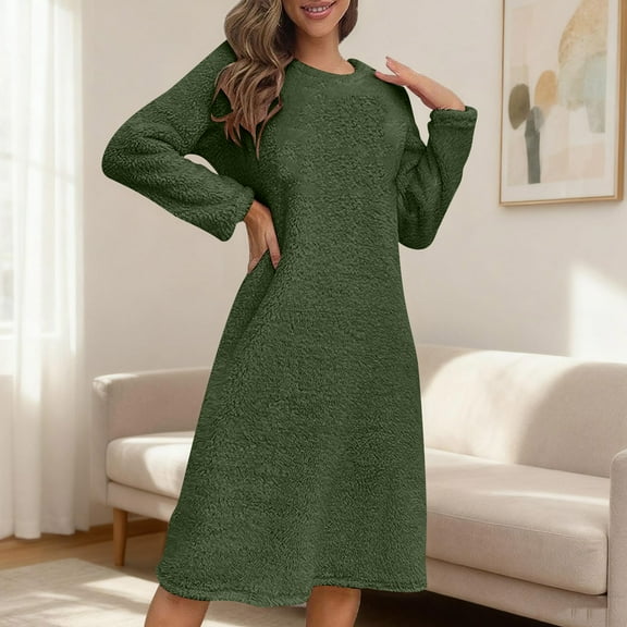 Neewe Fleece Robes for Women Warm Nightgown Long Housecoat Pullover Plush Lounge Maxi Dress S-XXL