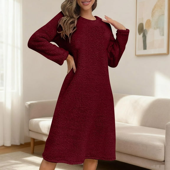 Neewe Fleece Robes for Women Warm Nightgown Long Housecoat Pullover Plush Lounge Maxi Dress S-XXL