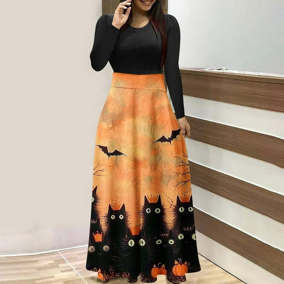 Neewe Halloween Dresses Womens Long Sleeve Cocktail Swing Dress Skeleton Pumpkin Printed Party Costume