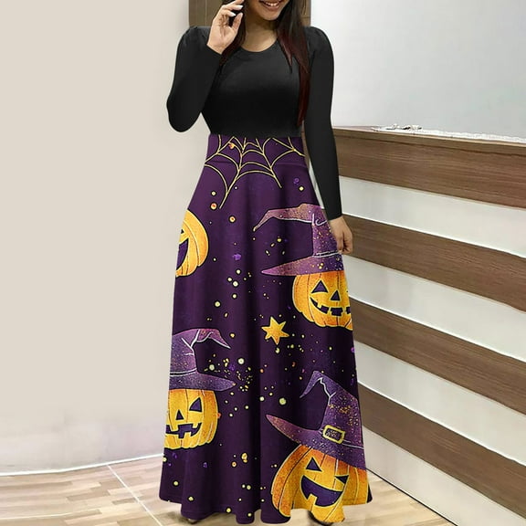 Neewe Halloween Dresses Womens Long Sleeve Cocktail Swing Dress Skeleton Pumpkin Printed Party Costume