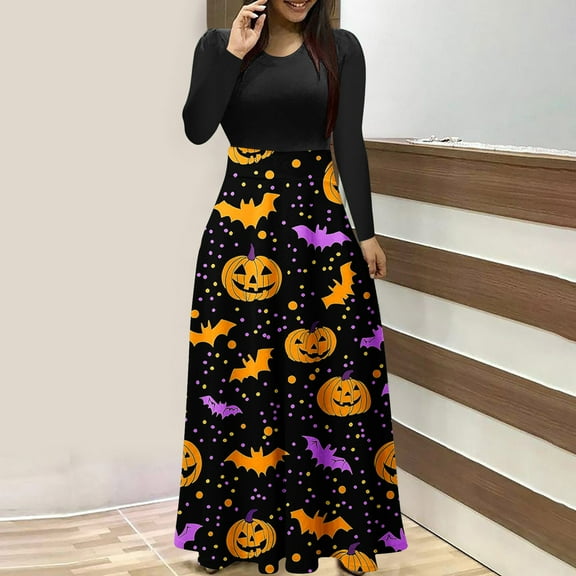 Neewe Halloween Dresses Womens Long Sleeve Cocktail Swing Dress Skeleton Pumpkin Printed Party Costume