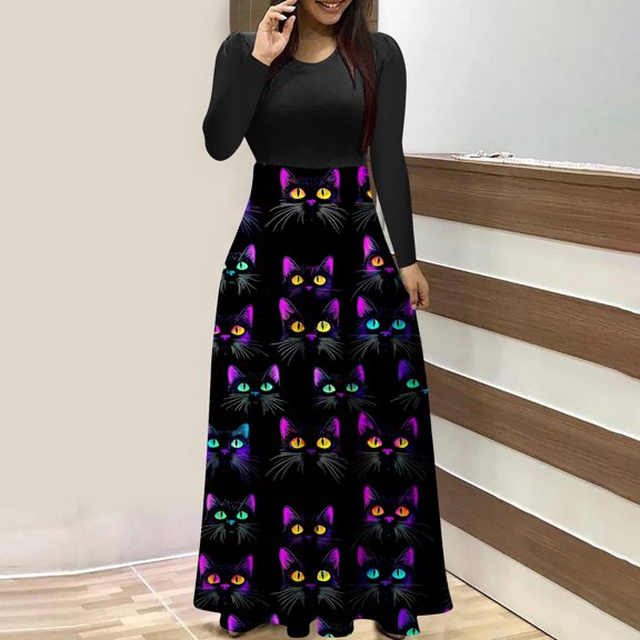 Neewe Halloween Dresses Womens Long Sleeve Cocktail Swing Dress Skeleton Pumpkin Printed Party Costume