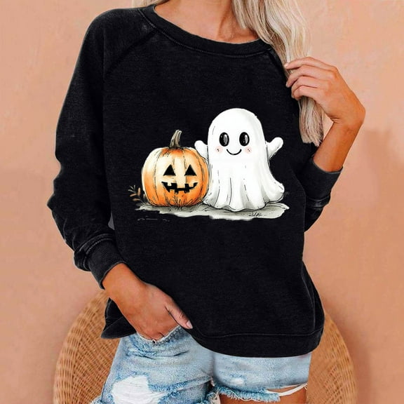 Neewe Halloween Women Long Sleeve Shirts Tops Fall Tunic Causal Fashion Round Neck Basic Tee
