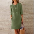 thumbnail image 1 of Neewe Ladies Midi Dresses Loose Casual Plain Round Neck Button 3/4 Sleeve Knee Length Pencil Skirt with Pockets, 1 of 5