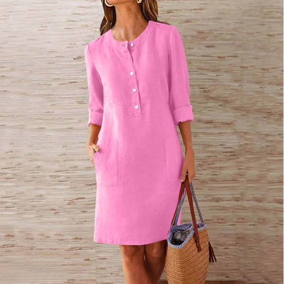Neewe Ladies Midi Dresses Loose Casual Plain Round Neck Button 3/4 Sleeve Knee Length Pencil Skirt with Pockets