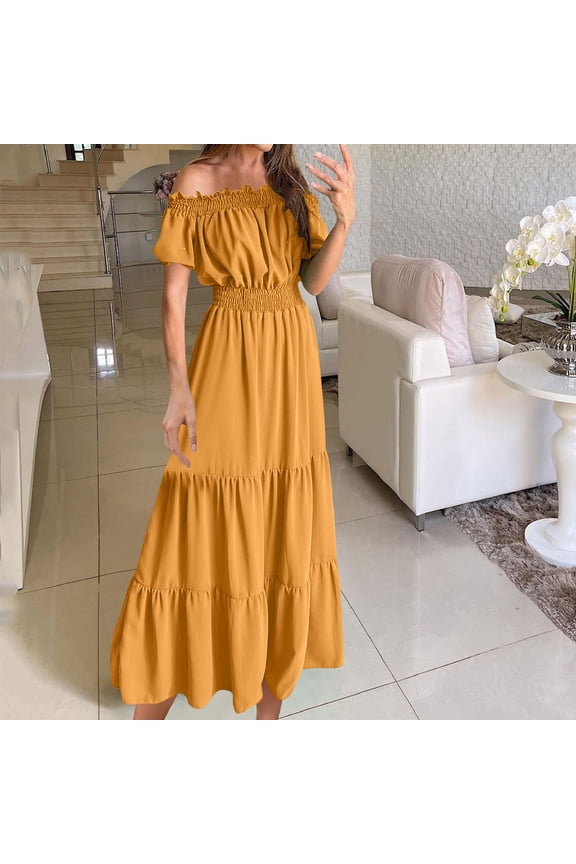 Ladies Summer Maxi Dress Casual Plain Cold Shoulder Short Sleeve Tunic Waist Pleated Hem Long Dresses