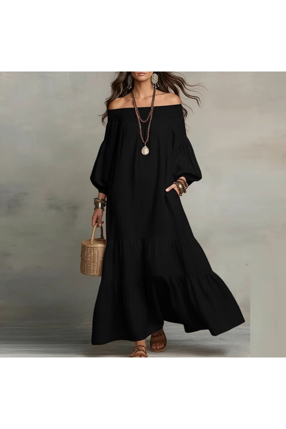 Ladies Summer Maxi Dresses Loose Casual Classic Plain Off Shoulder Long Sleeve Pleated Hem Long Sundress Daily