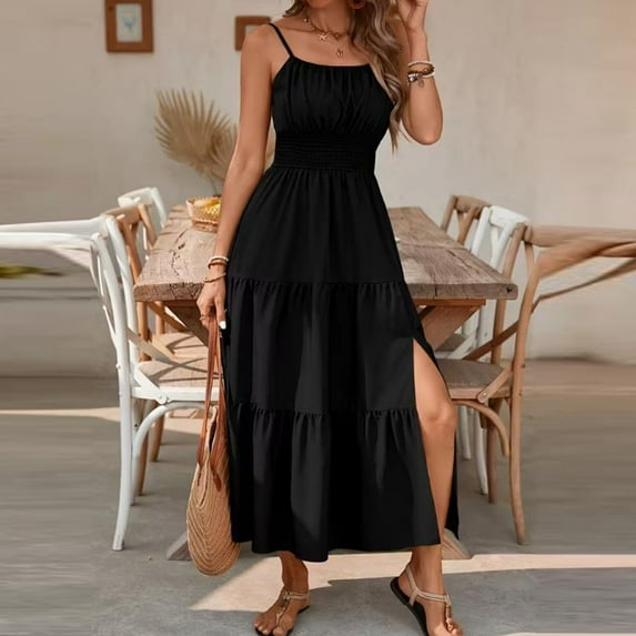 Neewe Ladies Summer Maxi Dresses Plain Square Spaghetti Strap Sleeveless Plain Long Maxi Dress Cold Shoulder Pleated Hem Long Dresses