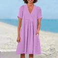 thumbnail image 1 of Neewe Ladies Summer Midi Dress Plain V Neck Short Sleeve Knee Length Dress Pleated Hem Daily Dresses, 1 of 6