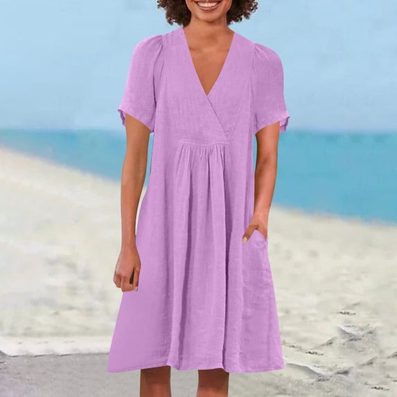 Neewe Ladies Summer Midi Dress Plain V Neck Short Sleeve Knee Length Dress Pleated Hem Daily Dresses