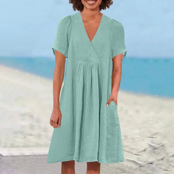 Neewe Ladies Summer Midi Dress Plain V Neck Short Sleeve Knee Length Dress Pleated Hem Daily Dresses