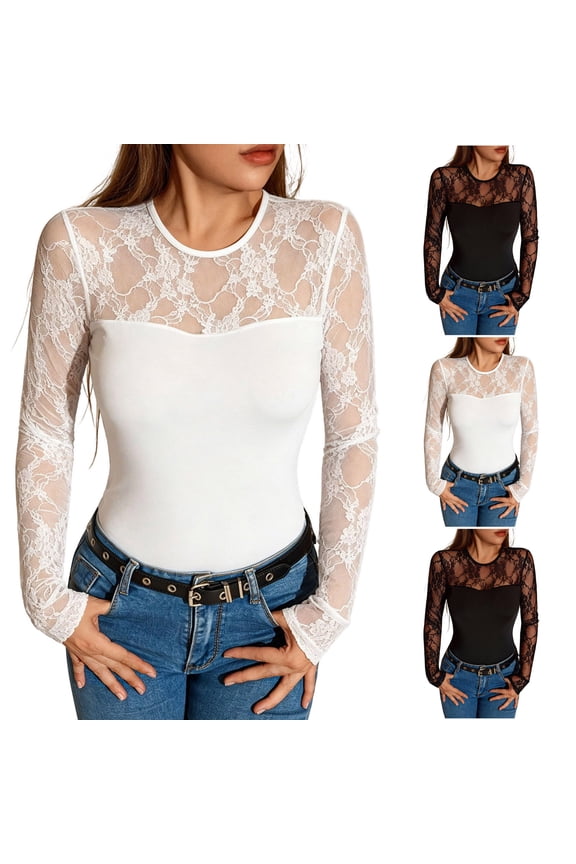 Long Sleeve Shirts for Women's Lace Tops Mesh Sheer Crew Neck Shirts Breathable Spring Fall Going Out Blouse
