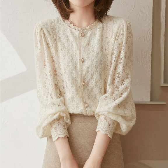 Neewe Long Sleeve Womens Tops Dressy Casual Shirts Ruffle Bell Sleeve Front Pleated Fasion Trendy Fall Blouses