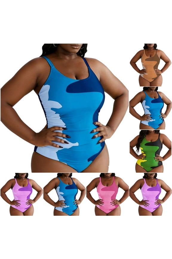 One Piece Swimsuit Women Tummy Control Modest Plus Size Bathing Suits Full Coverage Retro Color Block Swimwear