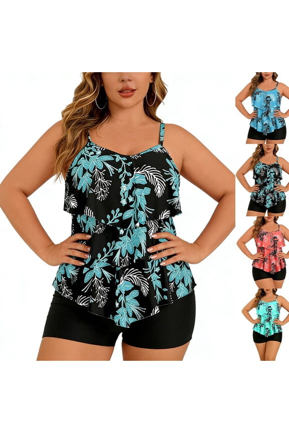 Plus Size Tankini Swimsuits for Women Tummy Control Two Piece Bathing Suits Flowy Swim Tops with Boy Shorts