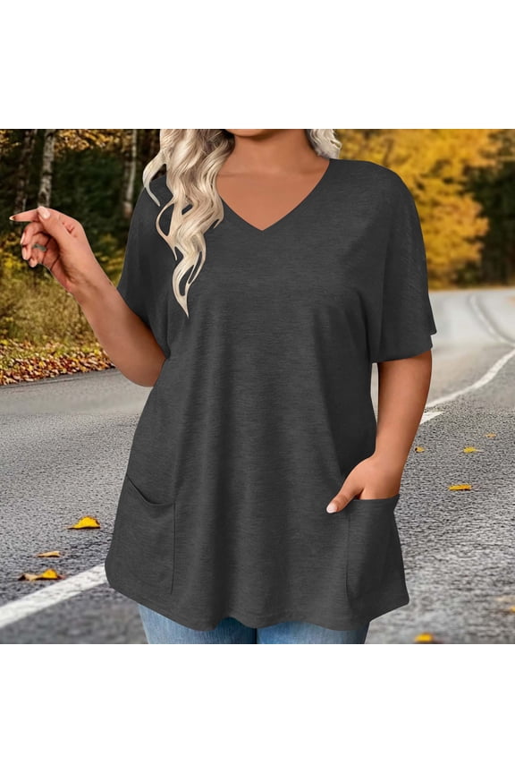 Plus Size Tops for Women Summer Trendy Shirts with Pocket Oversized Casual Loose Fit Tunic Tops