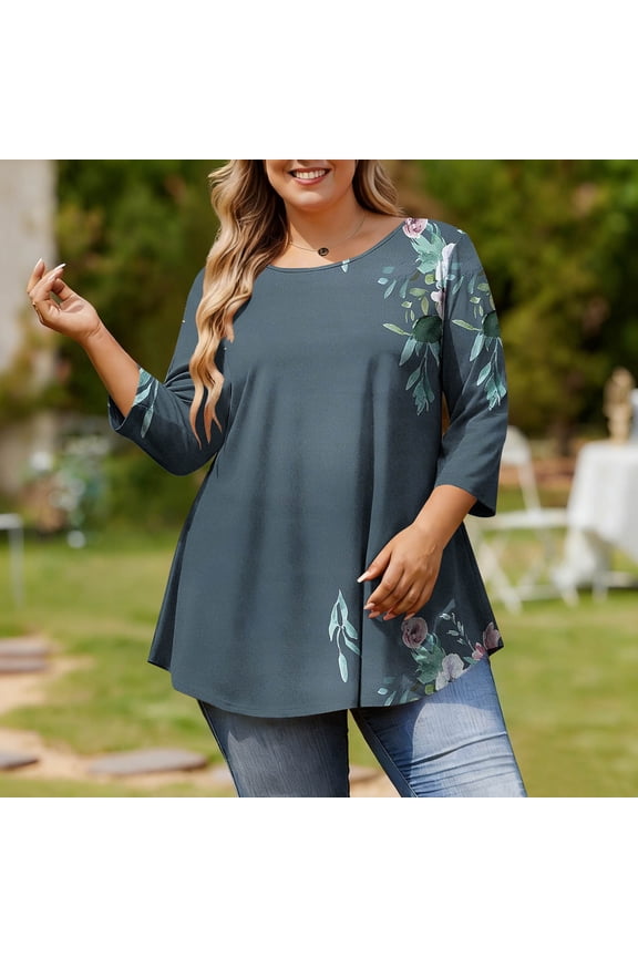 Plus Size Tops for Women Womens 2026 Spring 3/4 Sleeve Blouses Dressy Casual V-Neck T-Shirts Pleated Tunic XL-5XL-Navy 4XL