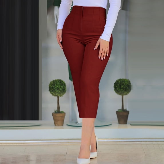 Neewe Pull On Capri Pants for Women Solid Color Slim Fitting with Pockets Elastic Waist Capri Casual Pants