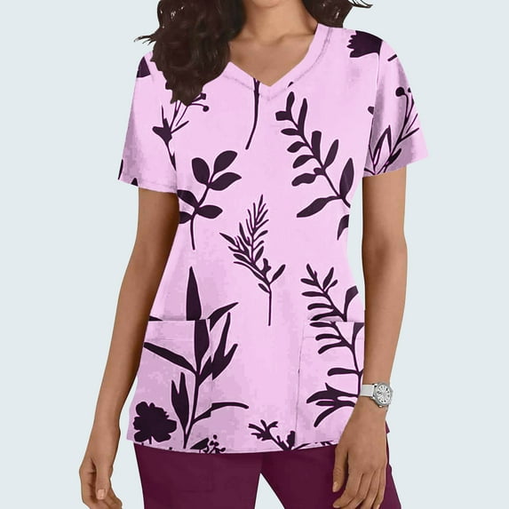 Neewe Scrub Tops for Women, V Neck Printed Scrub Tops, Medical Nursing Stretchy Shirts with Pockets