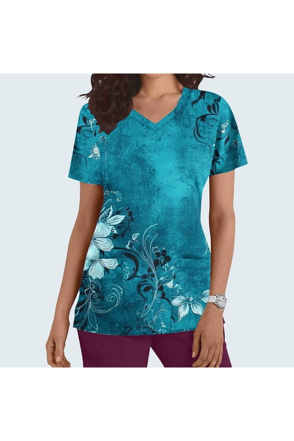 Scrub Tops for Women, V Neck Printed Scrub Tops, Medical Nursing Stretchy Shirts with Pockets