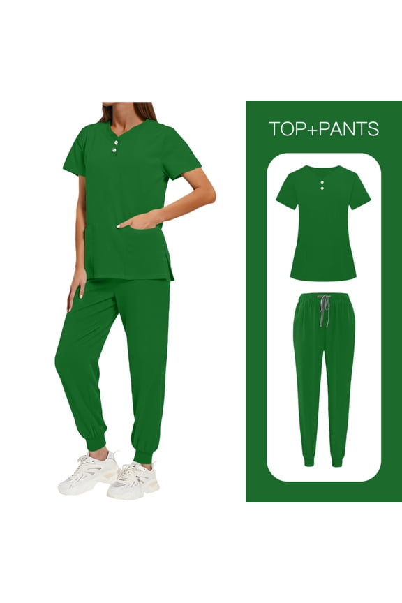 Scrubs Set for Women Nurse Uniform Jogger Suit Stretch Top & Pants for Side Slit Workwear with Pocket