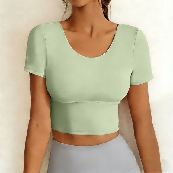 Neewe Seamless Fashionable Casual Solid Color Workout Round Neck Tops for Women Short Sleeve Compression Athletic Shirts Soft Yoga Gym Tops