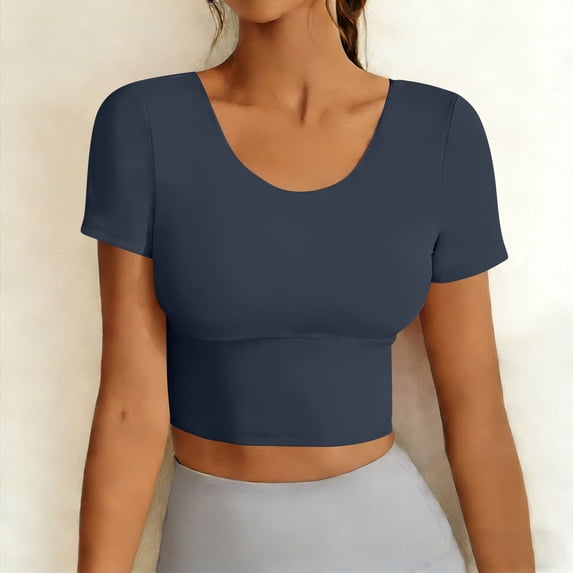 Neewe Seamless Fashionable Casual Solid Color Workout Round Neck Tops for Women Short Sleeve Compression Athletic Shirts Soft Yoga Gym Tops