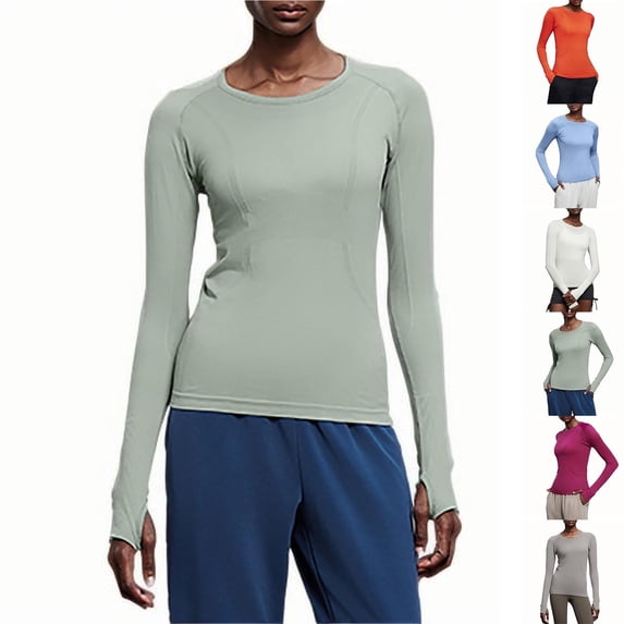 Neewe Seamless Long Sleeve Shirts for Women Waist Length - Workout Athletic Running Gym Yoga Tops Crewneck Breathable